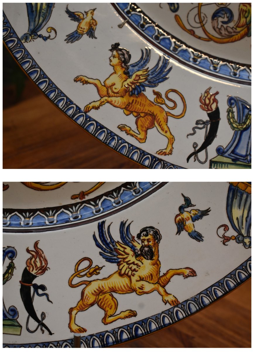 Large Decorative Gien Earthenware Dish, 1866 Period, Italian Renaissance Decor, 19th Century-photo-5