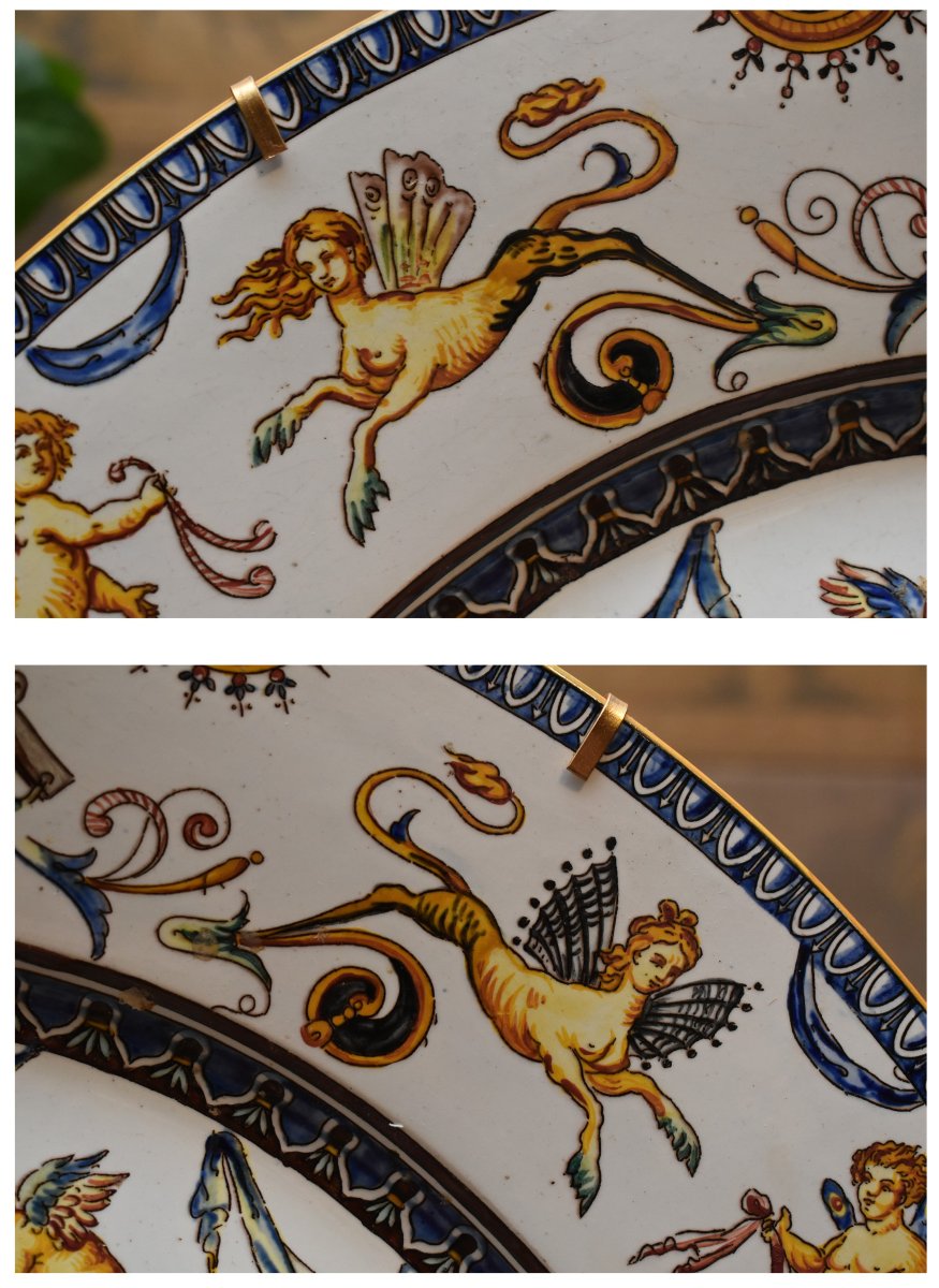 Large Decorative Gien Earthenware Dish, 1866 Period, Italian Renaissance Decor, 19th Century-photo-6