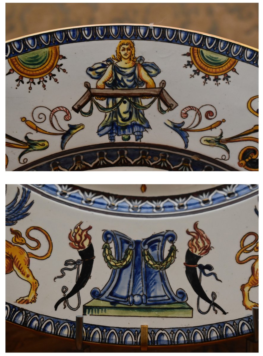 Large Decorative Gien Earthenware Dish, 1866 Period, Italian Renaissance Decor, 19th Century-photo-7