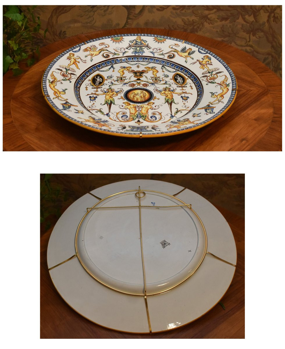 Large Decorative Gien Earthenware Dish, 1866 Period, Italian Renaissance Decor, 19th Century-photo-8