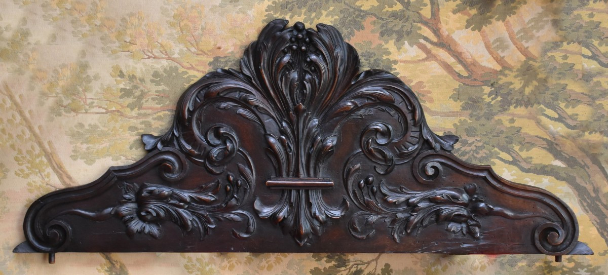 Carved Wood Panelling, Natural Wood Pediment With Foliage Decoration