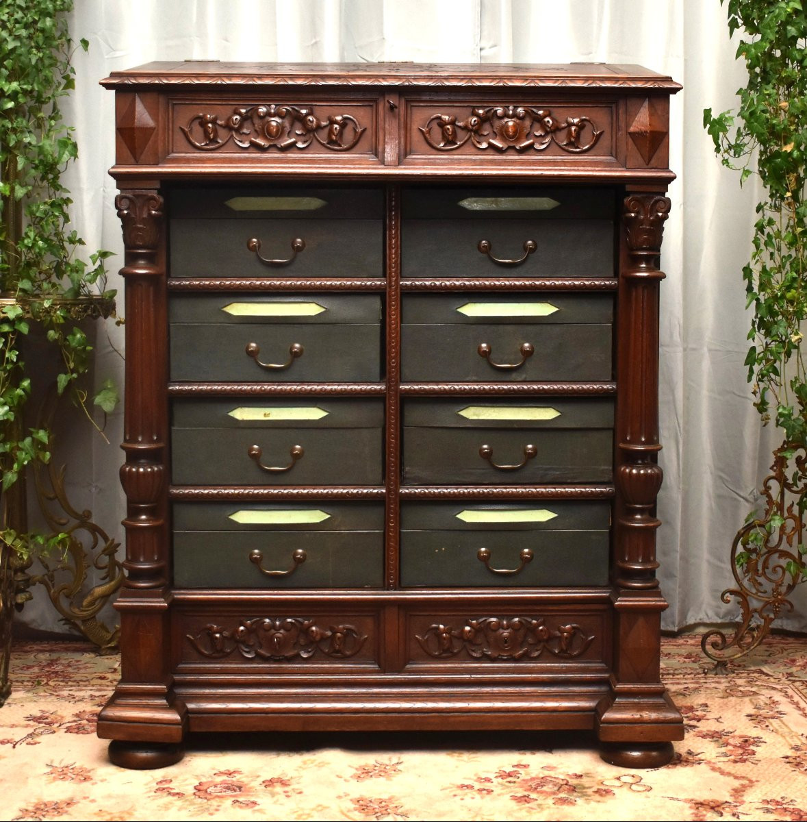 Renaissance Style Corinthian Column Chest, Oak Writing Desk, 19th Century-photo-2