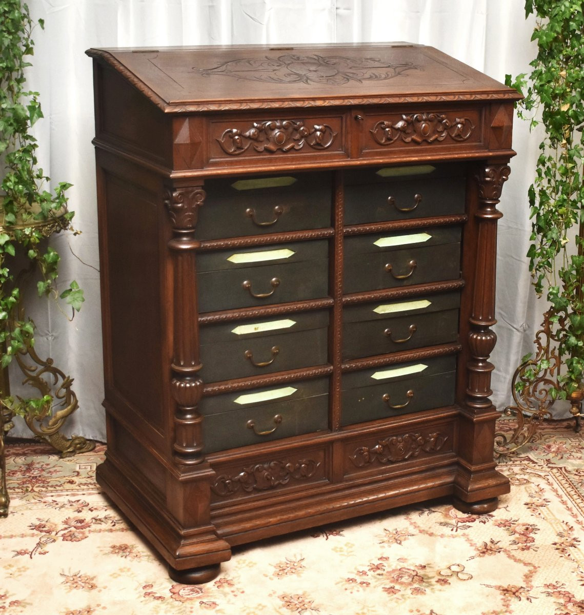 Renaissance Style Corinthian Column Chest, Oak Writing Desk, 19th Century-photo-3