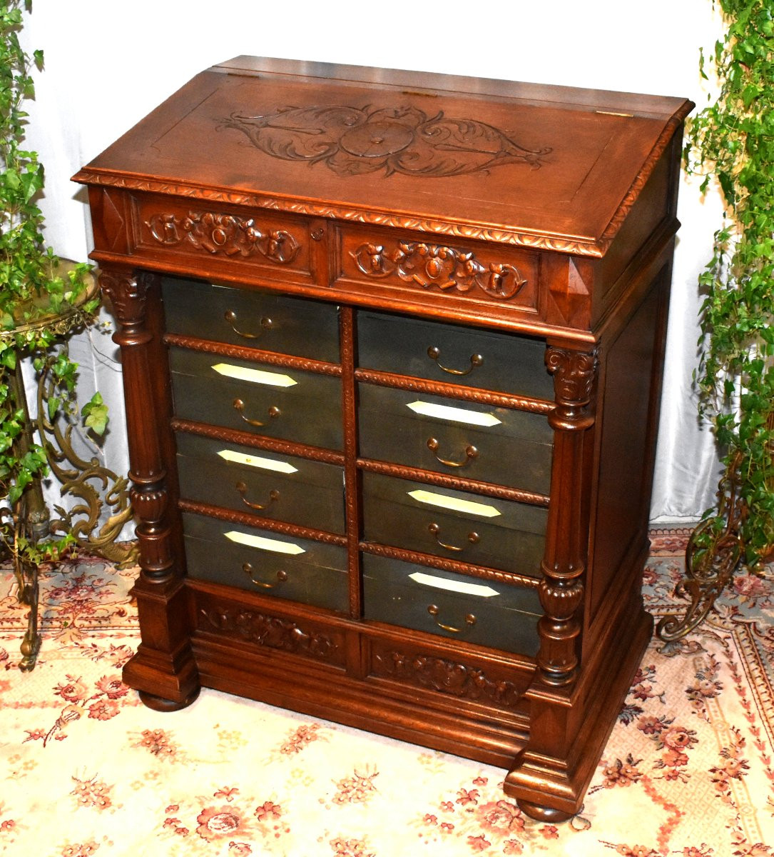 Renaissance Style Corinthian Column Chest, Oak Writing Desk, 19th Century-photo-4
