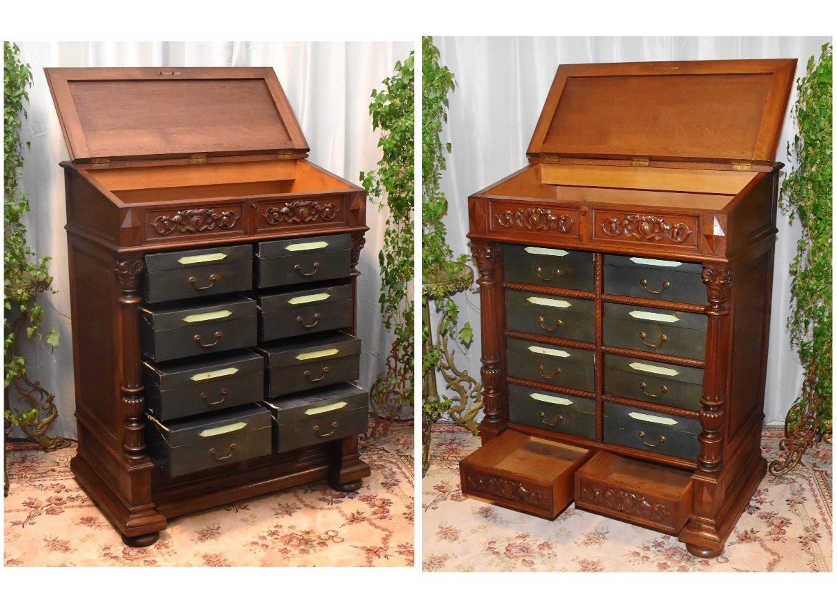 Renaissance Style Corinthian Column Chest, Oak Writing Desk, 19th Century-photo-1