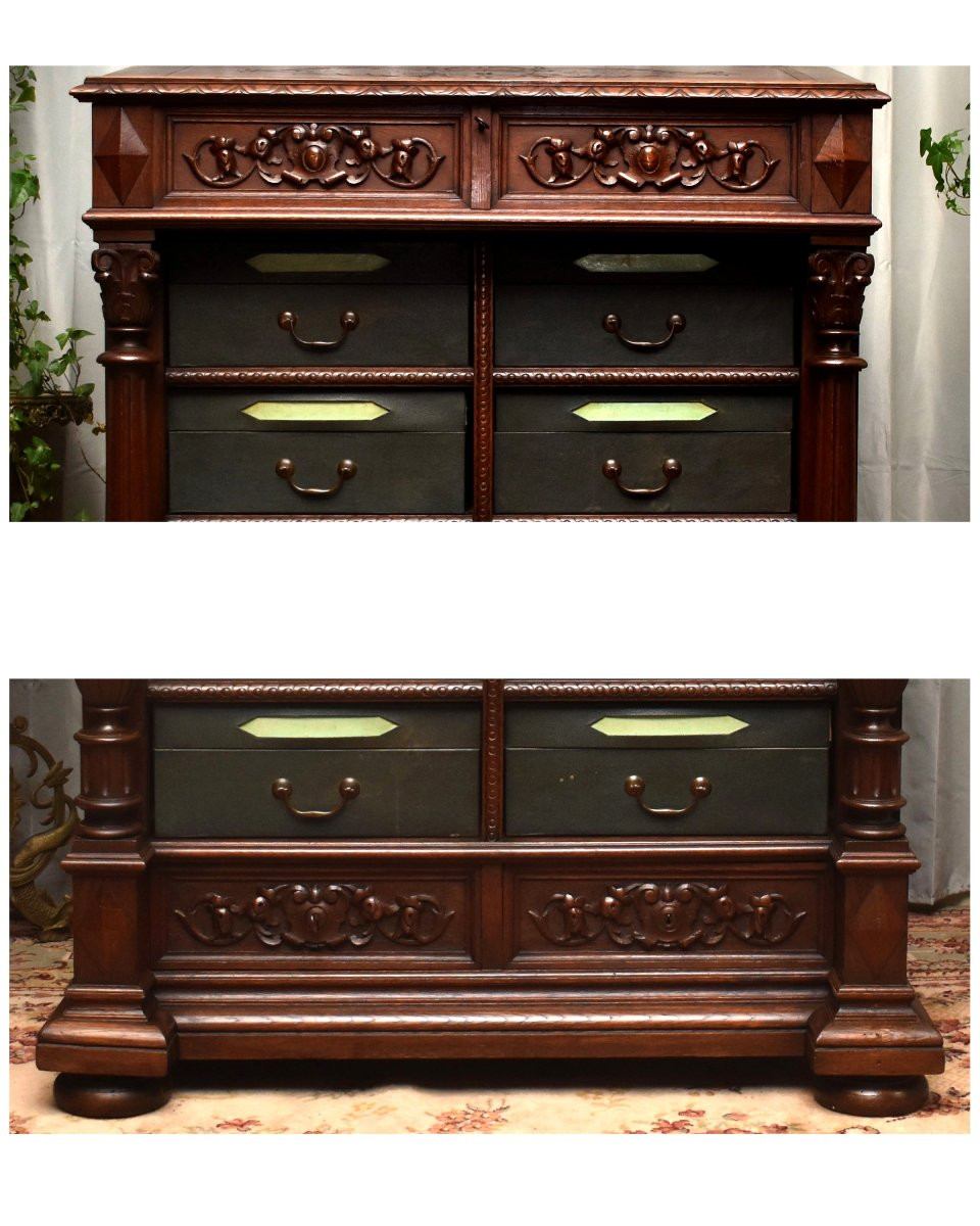 Renaissance Style Corinthian Column Chest, Oak Writing Desk, 19th Century-photo-2