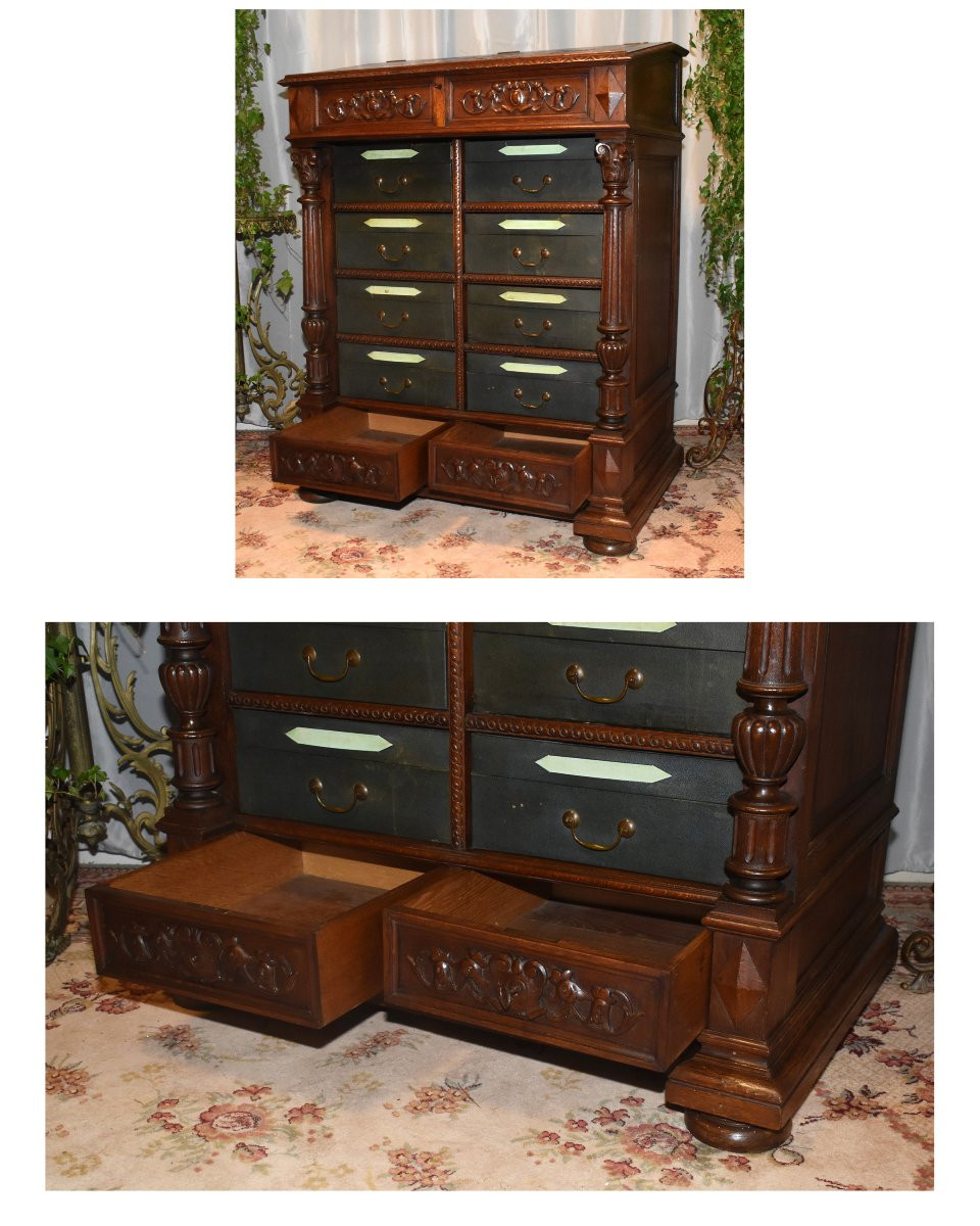 Renaissance Style Corinthian Column Chest, Oak Writing Desk, 19th Century-photo-3