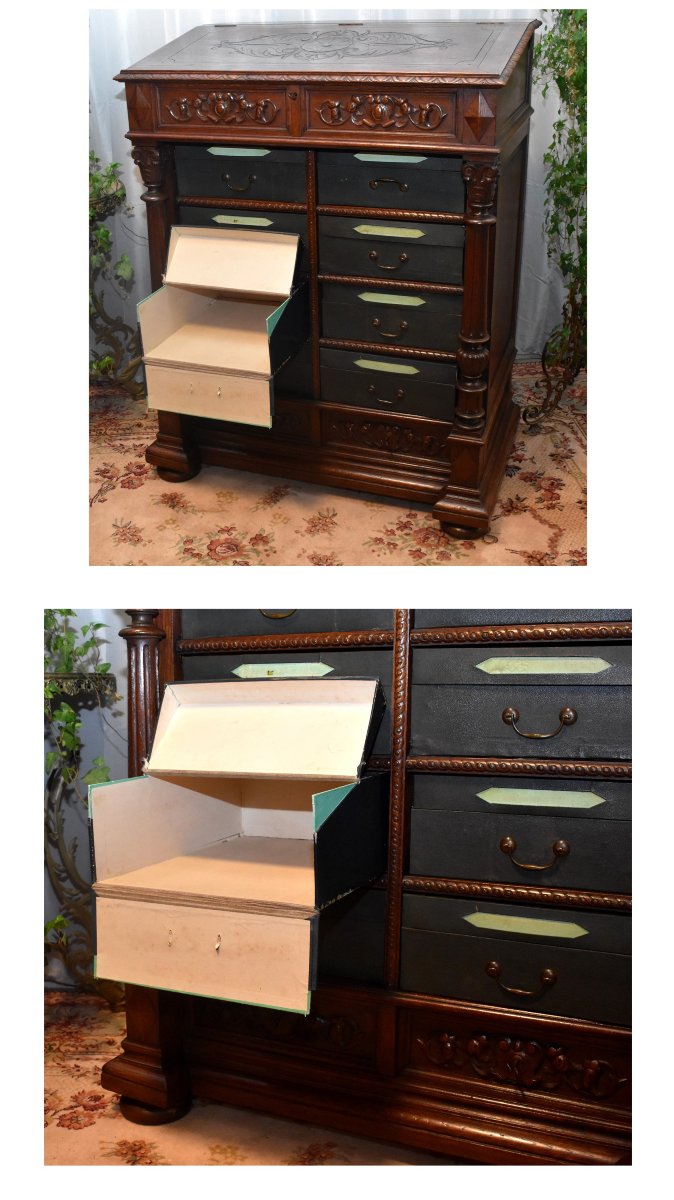 Renaissance Style Corinthian Column Chest, Oak Writing Desk, 19th Century-photo-4
