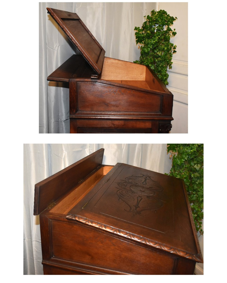 Renaissance Style Corinthian Column Chest, Oak Writing Desk, 19th Century-photo-6