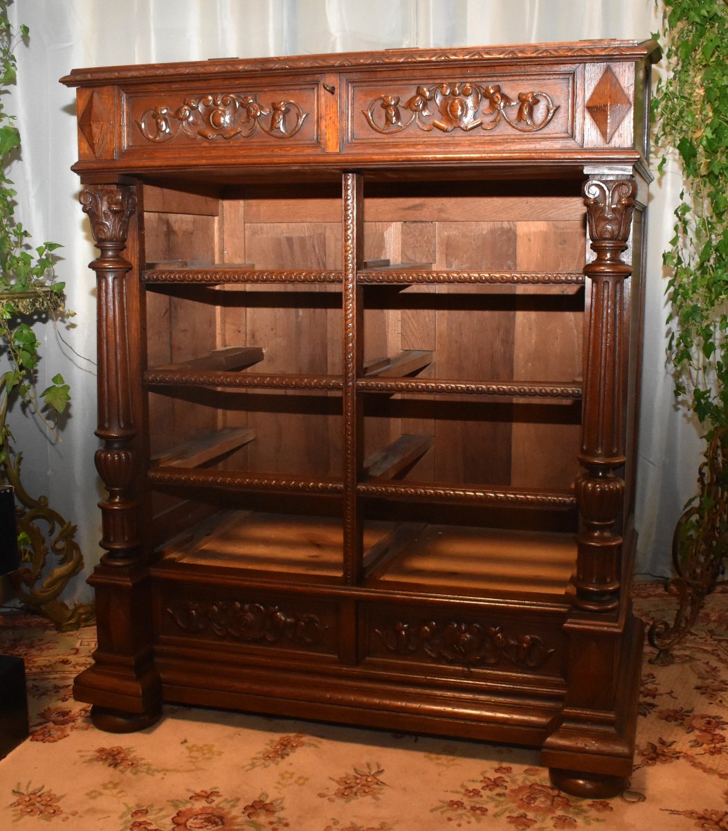 Renaissance Style Corinthian Column Chest, Oak Writing Desk, 19th Century-photo-7