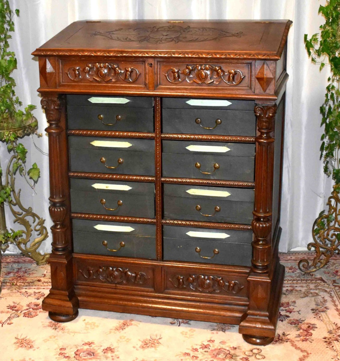 Renaissance Style Corinthian Column Chest, Oak Writing Desk, 19th Century