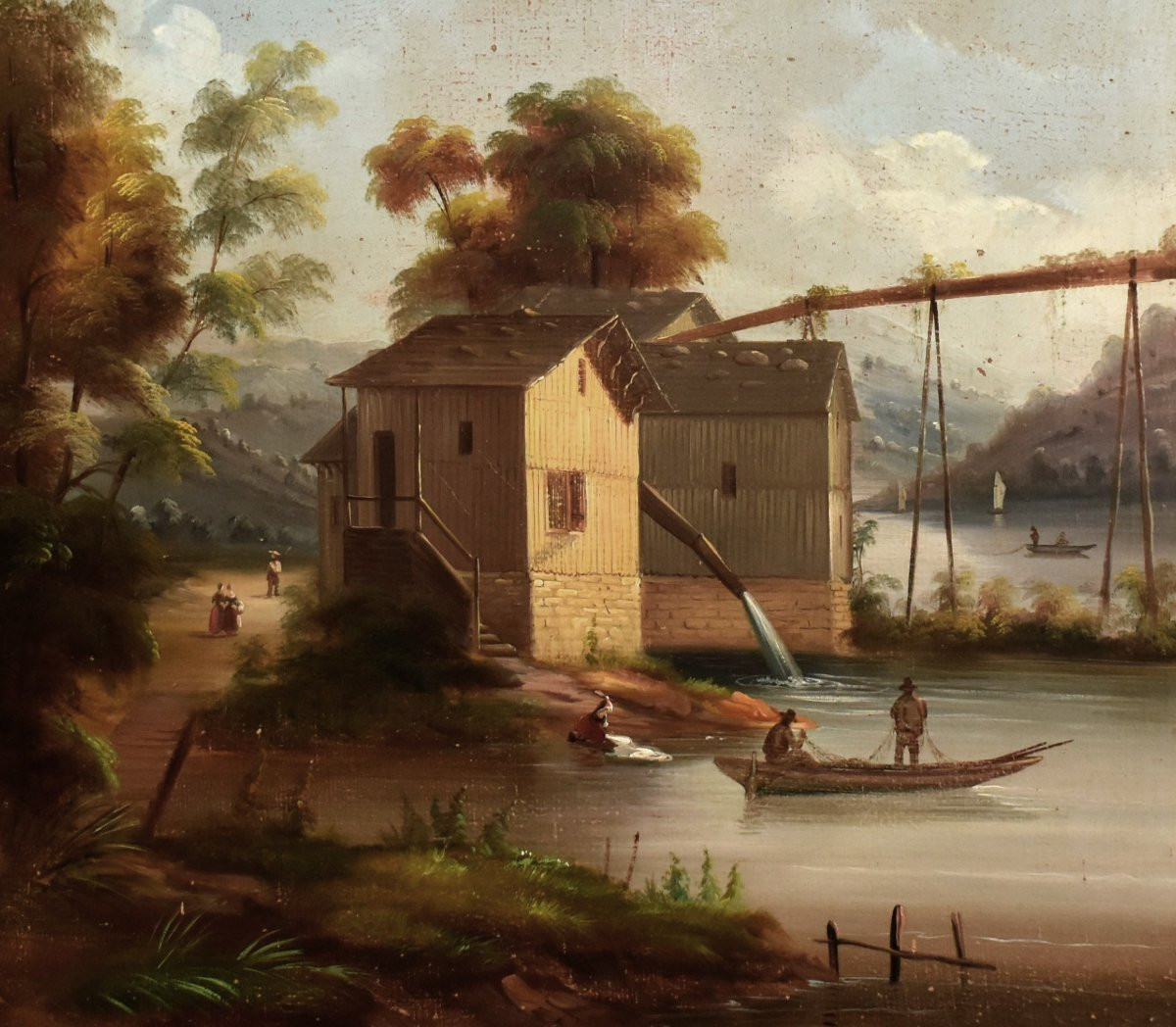 Painting Mountain, Landscape Lake, Animated Scene Lake, Aqueduct , Fishermen, Washerwoman, Boat-photo-3