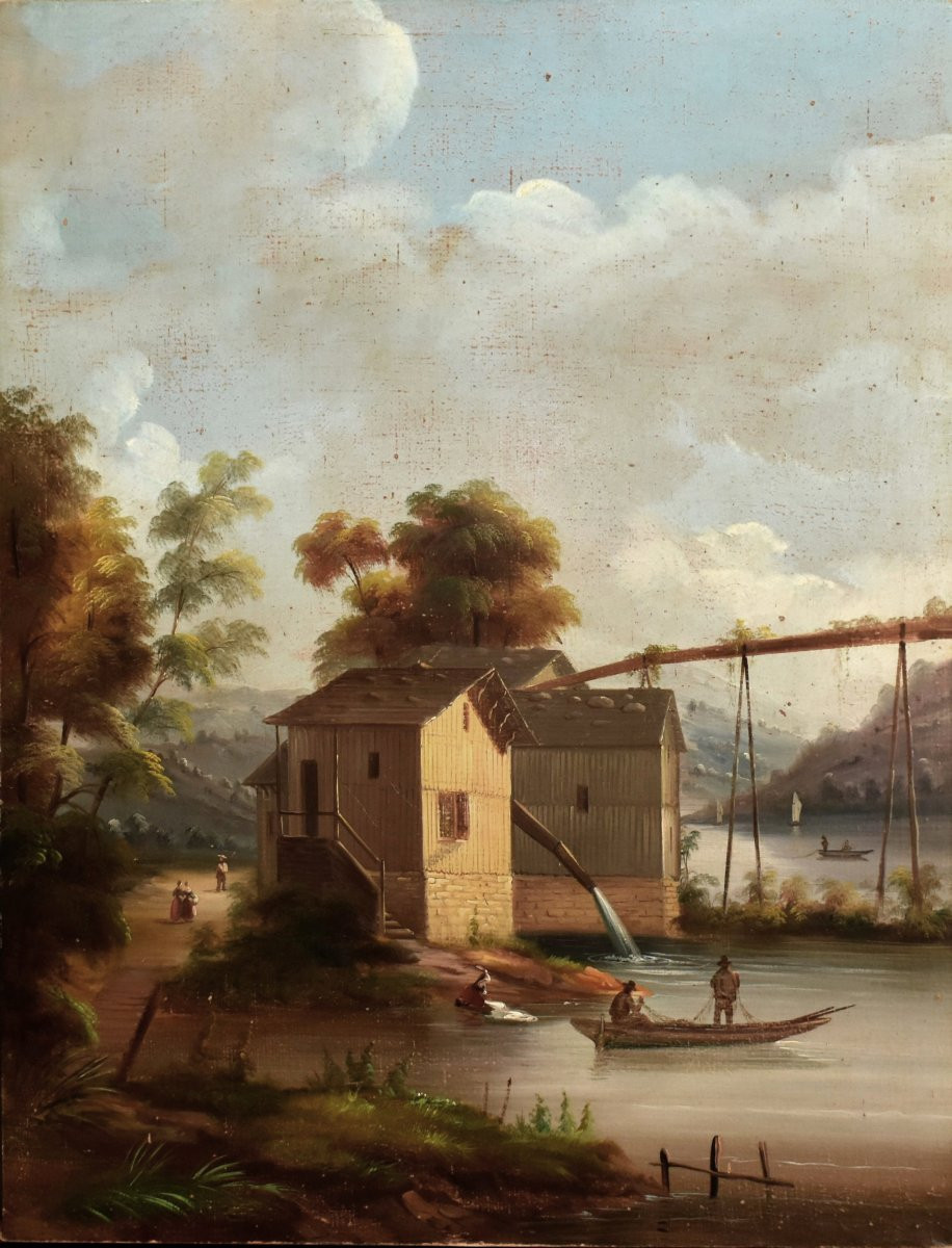 Painting Mountain, Landscape Lake, Animated Scene Lake, Aqueduct , Fishermen, Washerwoman, Boat-photo-4