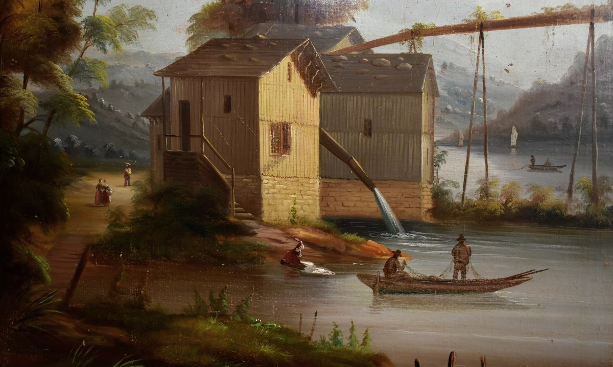 Painting Mountain, Landscape Lake, Animated Scene Lake, Aqueduct , Fishermen, Washerwoman, Boat-photo-1