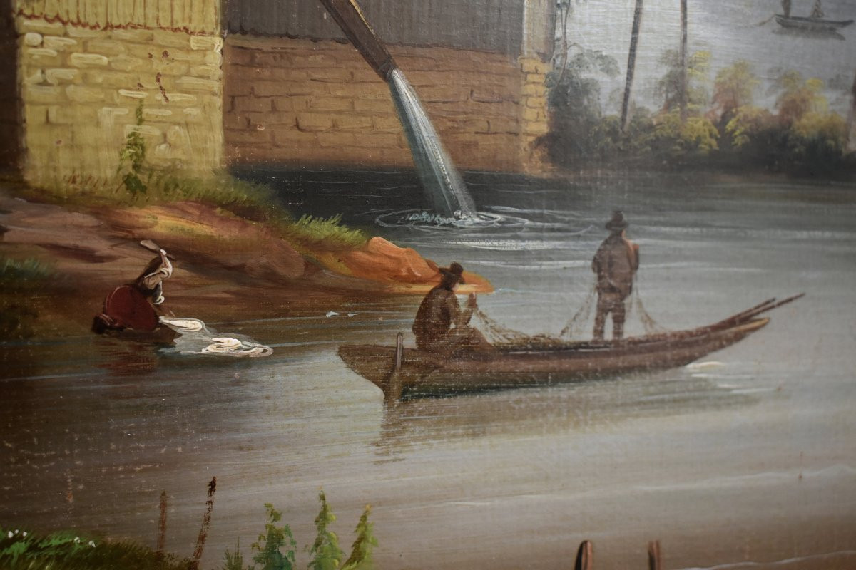 Painting Mountain, Landscape Lake, Animated Scene Lake, Aqueduct , Fishermen, Washerwoman, Boat-photo-3