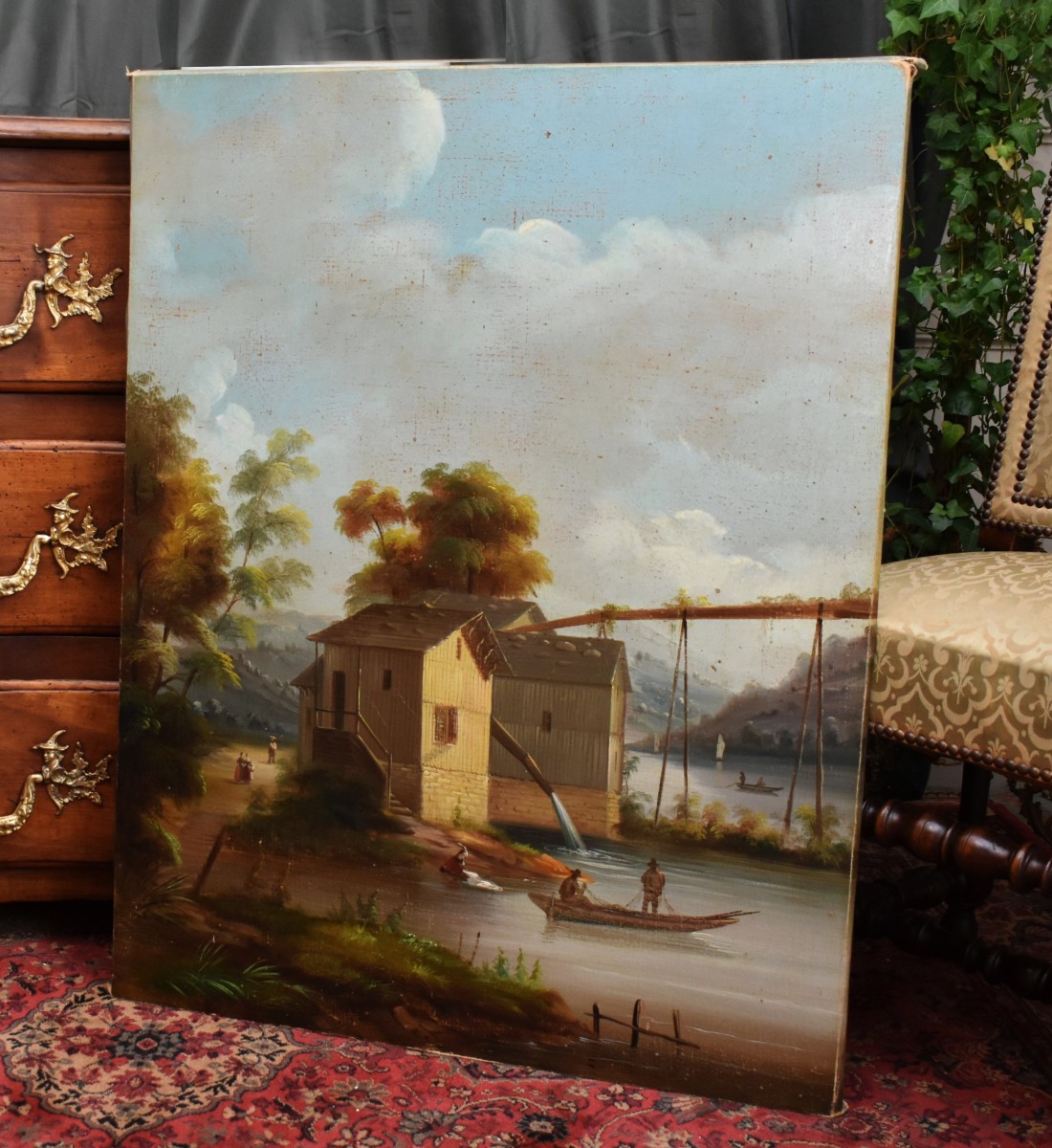 Painting Mountain, Landscape Lake, Animated Scene Lake, Aqueduct , Fishermen, Washerwoman, Boat