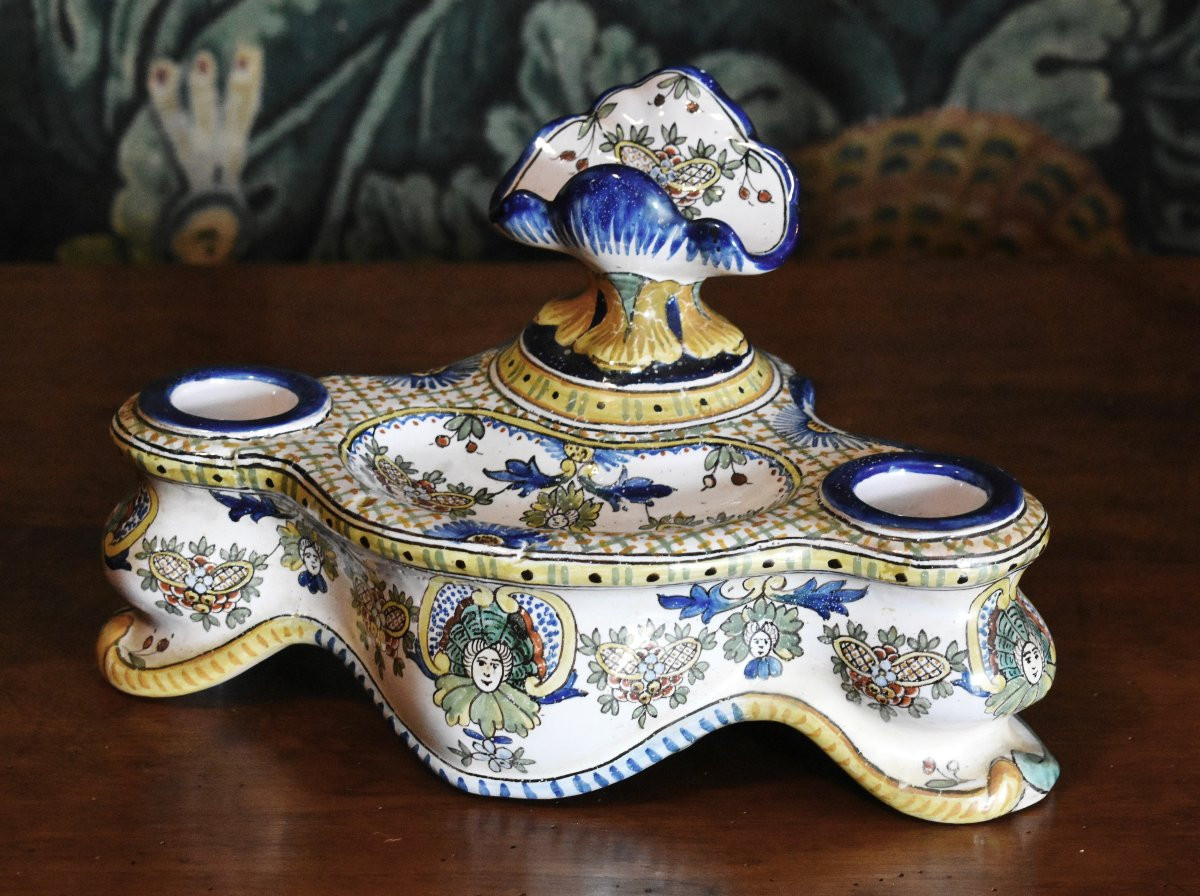 Antoine Montagnon, Large Nevers Earthenware Two-cup Inkwell And Penholder-photo-2