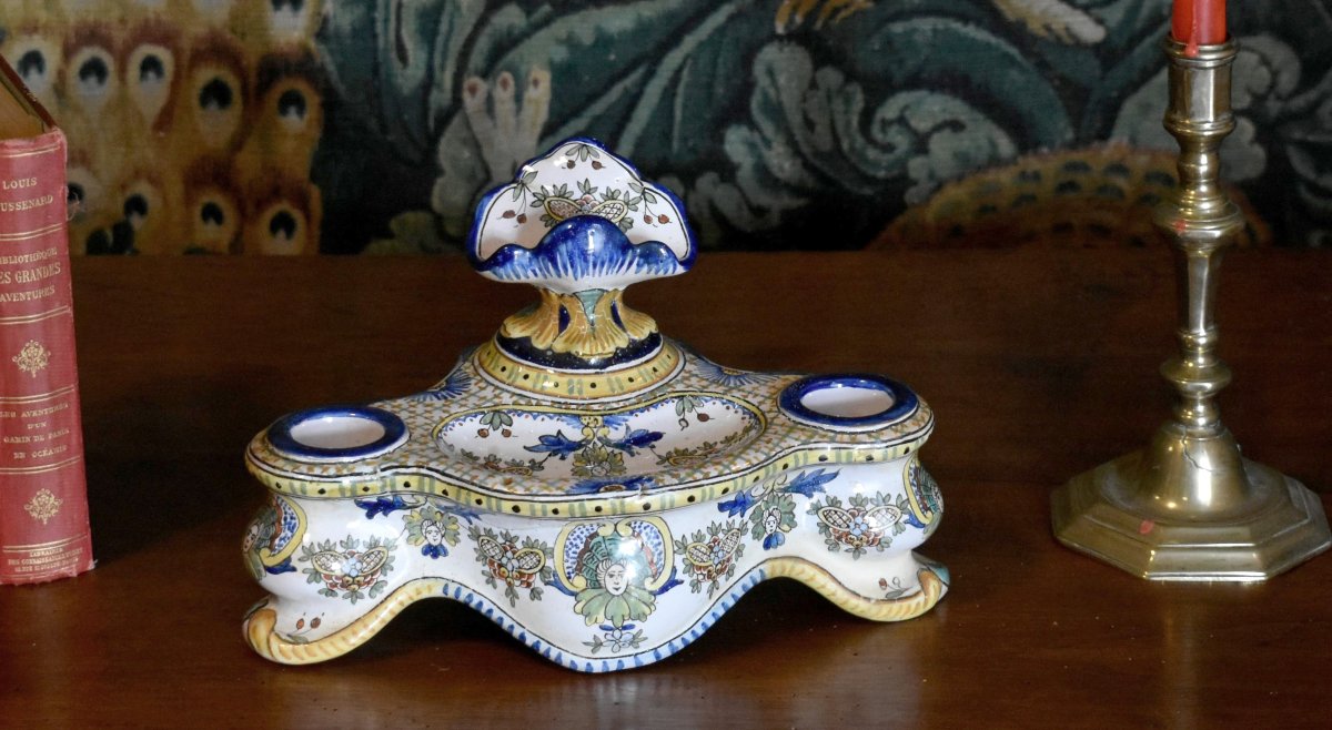 Antoine Montagnon, Large Nevers Earthenware Two-cup Inkwell And Penholder-photo-3