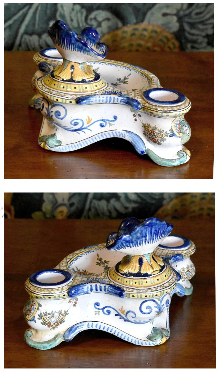 Antoine Montagnon, Large Nevers Earthenware Two-cup Inkwell And Penholder-photo-4