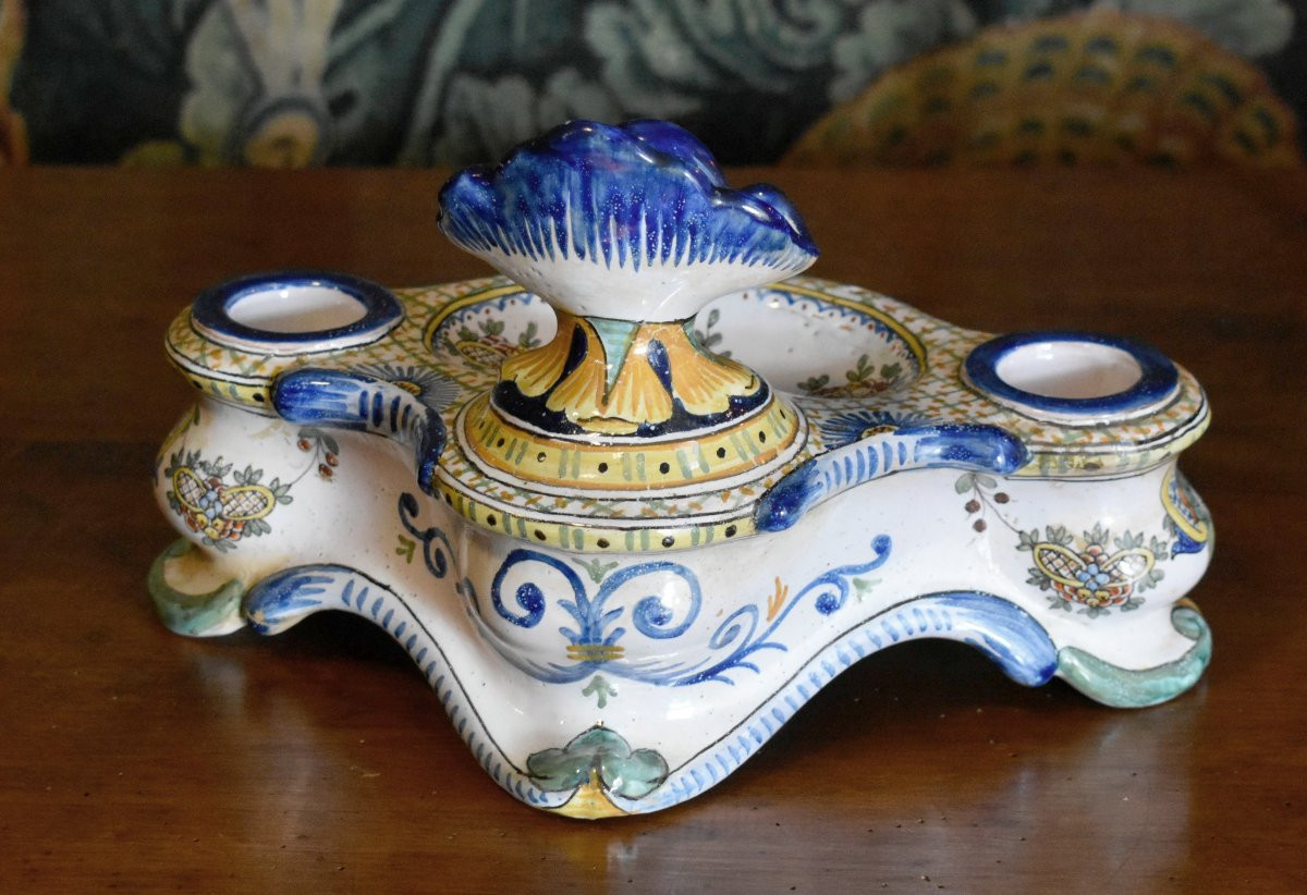 Antoine Montagnon, Large Nevers Earthenware Two-cup Inkwell And Penholder-photo-1
