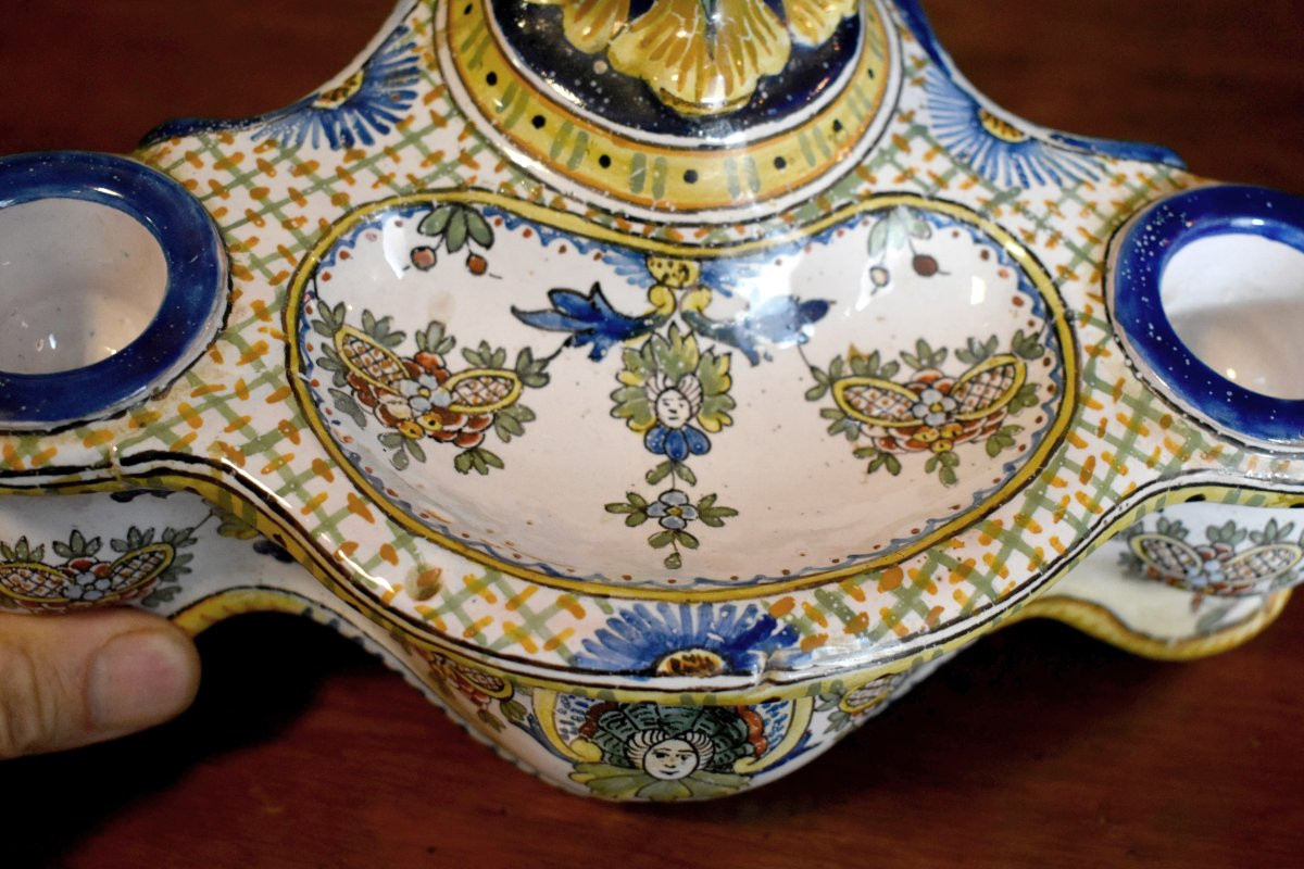 Antoine Montagnon, Large Nevers Earthenware Two-cup Inkwell And Penholder-photo-2