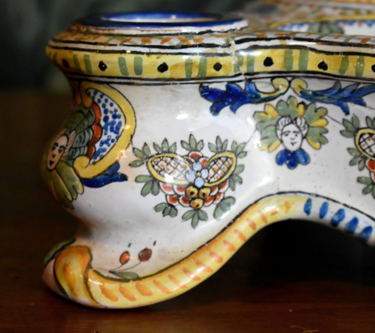 Antoine Montagnon, Large Nevers Earthenware Two-cup Inkwell And Penholder-photo-4