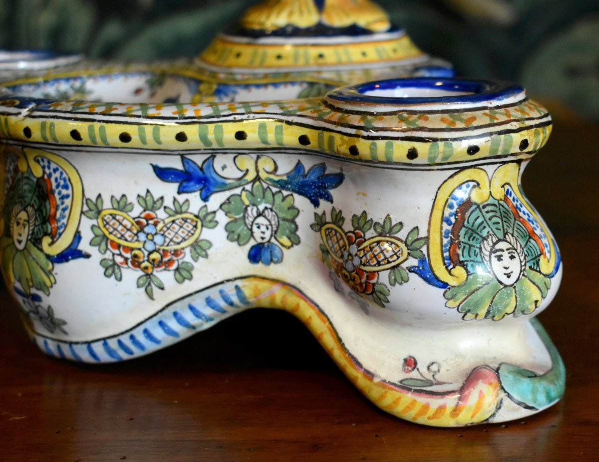 Antoine Montagnon, Large Nevers Earthenware Two-cup Inkwell And Penholder-photo-7