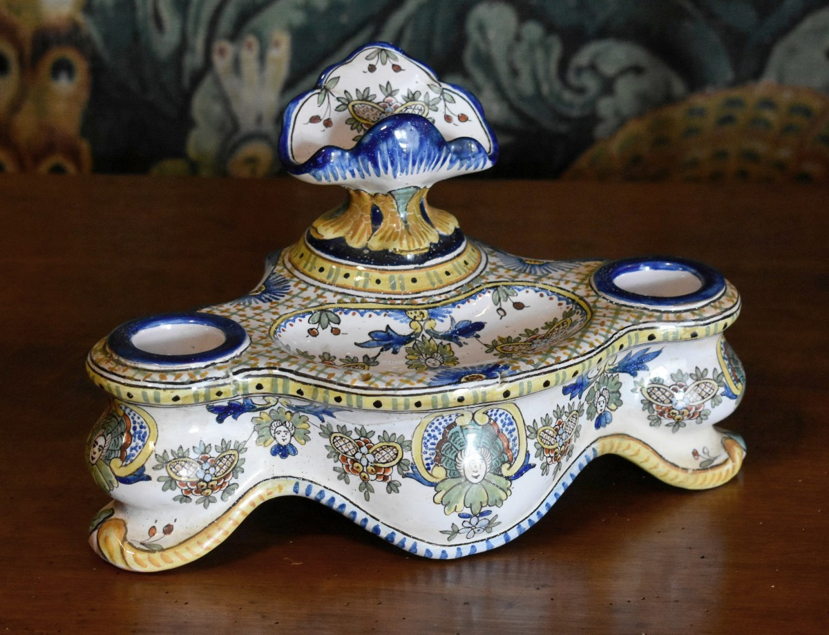 Antoine Montagnon, Large Nevers Earthenware Two-cup Inkwell And Penholder