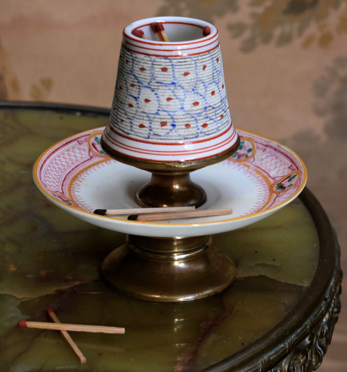 Pyrogen Mounted On Porcelain Dish And Brass Base, Bar Ashtray And Match Holder.