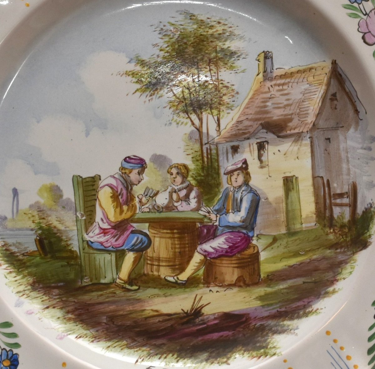 paire d'assiettes décoratives en faïence  de Langeais ,  d'après D. Teniers , scènes paysannes -photo-4