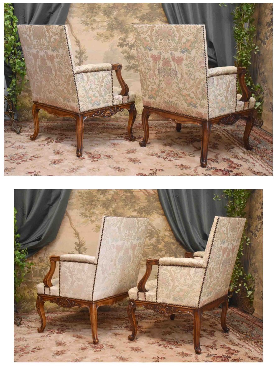 Pair Of Regence - Louis XV Style Small Bergères With Flat Backs,-photo-3