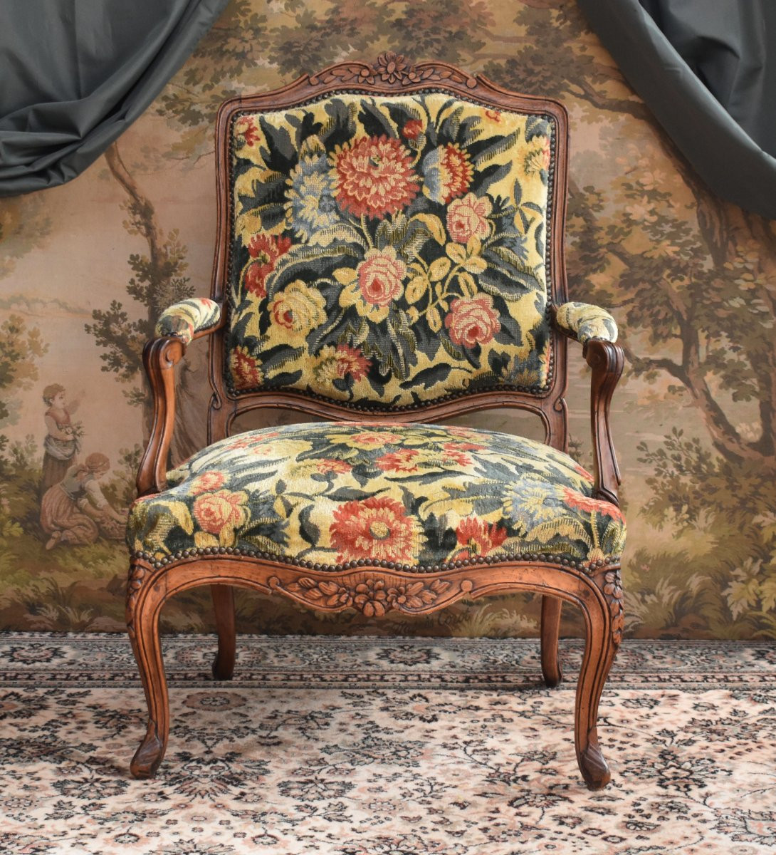 Louis XV Period Armchair, La Reine Flat Back, 18th Century. Velvet Curly Fabric.-photo-2