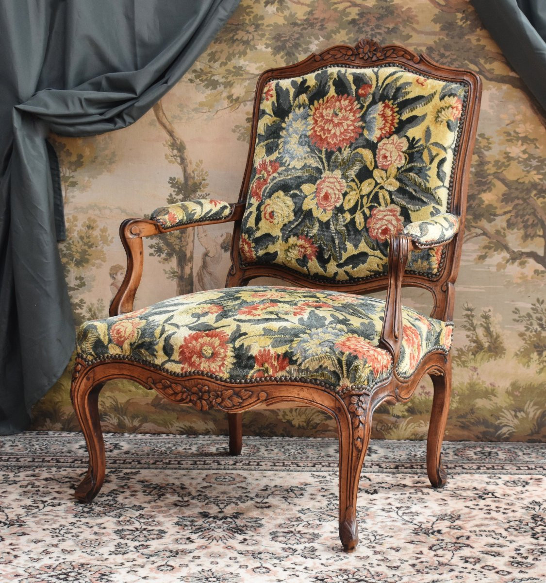 Louis XV Period Armchair, La Reine Flat Back, 18th Century. Velvet Curly Fabric.-photo-3