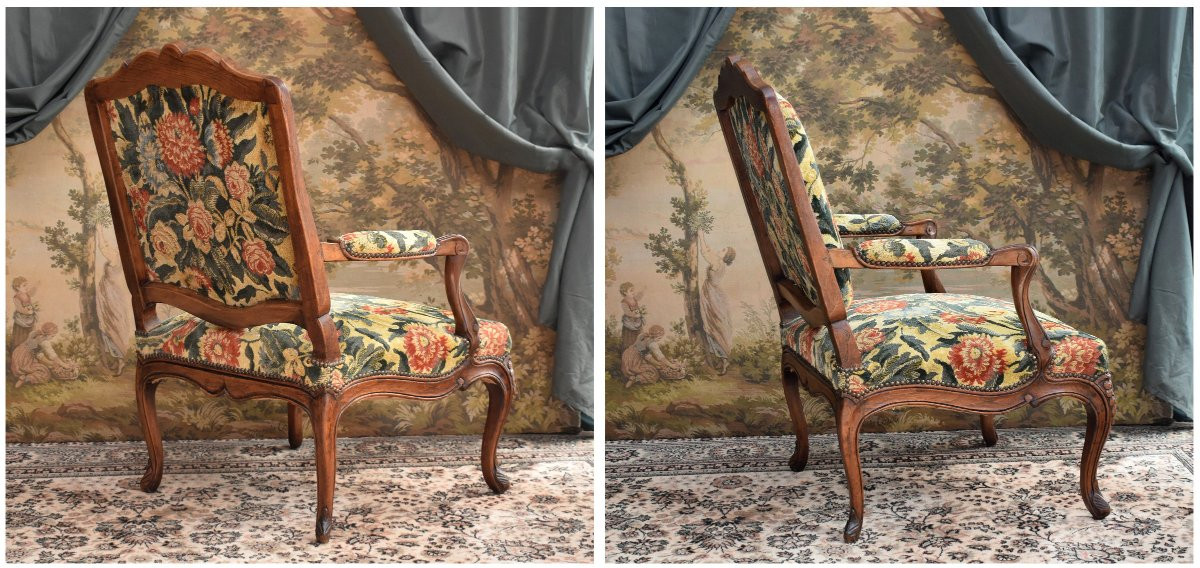 Louis XV Period Armchair, La Reine Flat Back, 18th Century. Velvet Curly Fabric.-photo-4