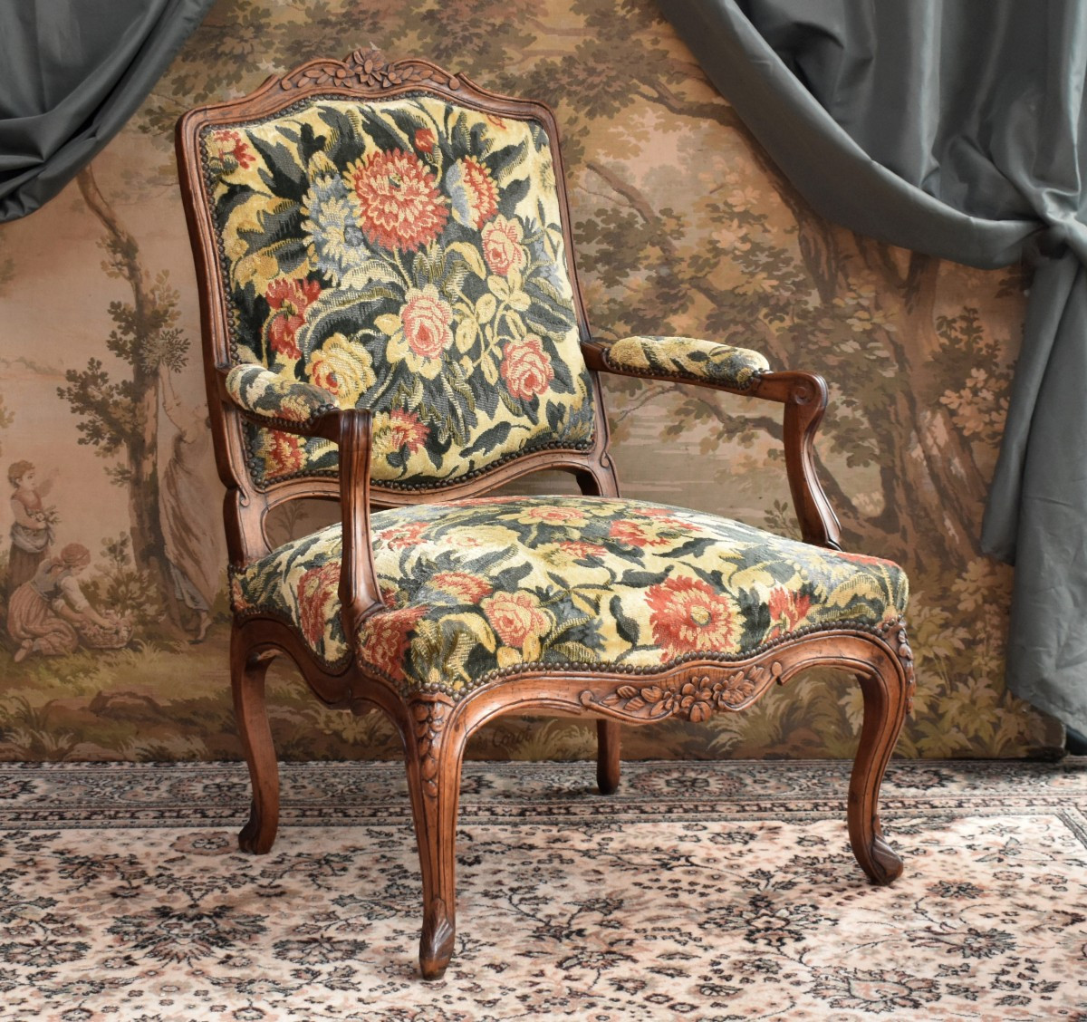 Louis XV Period Armchair, La Reine Flat Back, 18th Century. Velvet Curly Fabric.