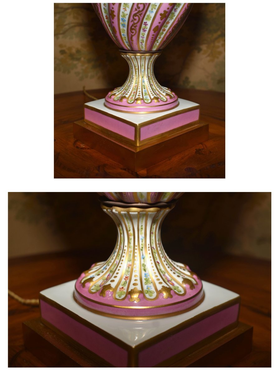 Grand Pied De Lampe En Porcelaine De Paris, De Forme Balustre à Godrons Et Torses, Décor Floral-photo-2