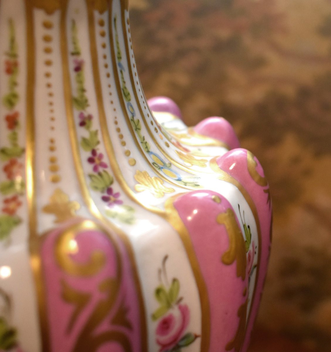 Grand Pied De Lampe En Porcelaine De Paris, De Forme Balustre à Godrons Et Torses, Décor Floral-photo-5