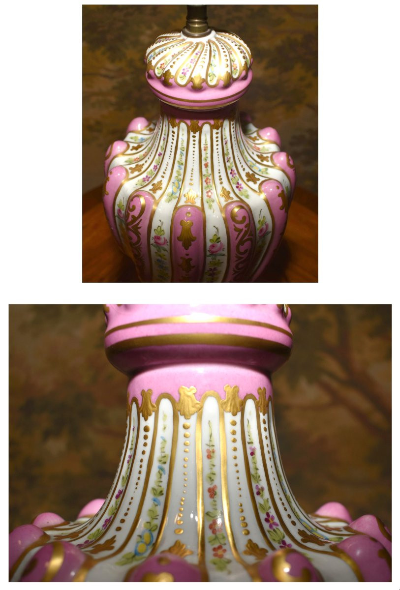 Grand Pied De Lampe En Porcelaine De Paris, De Forme Balustre à Godrons Et Torses, Décor Floral-photo-6