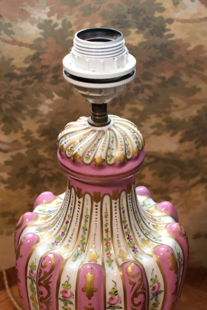 Grand Pied De Lampe En Porcelaine De Paris, De Forme Balustre à Godrons Et Torses, Décor Floral-photo-7