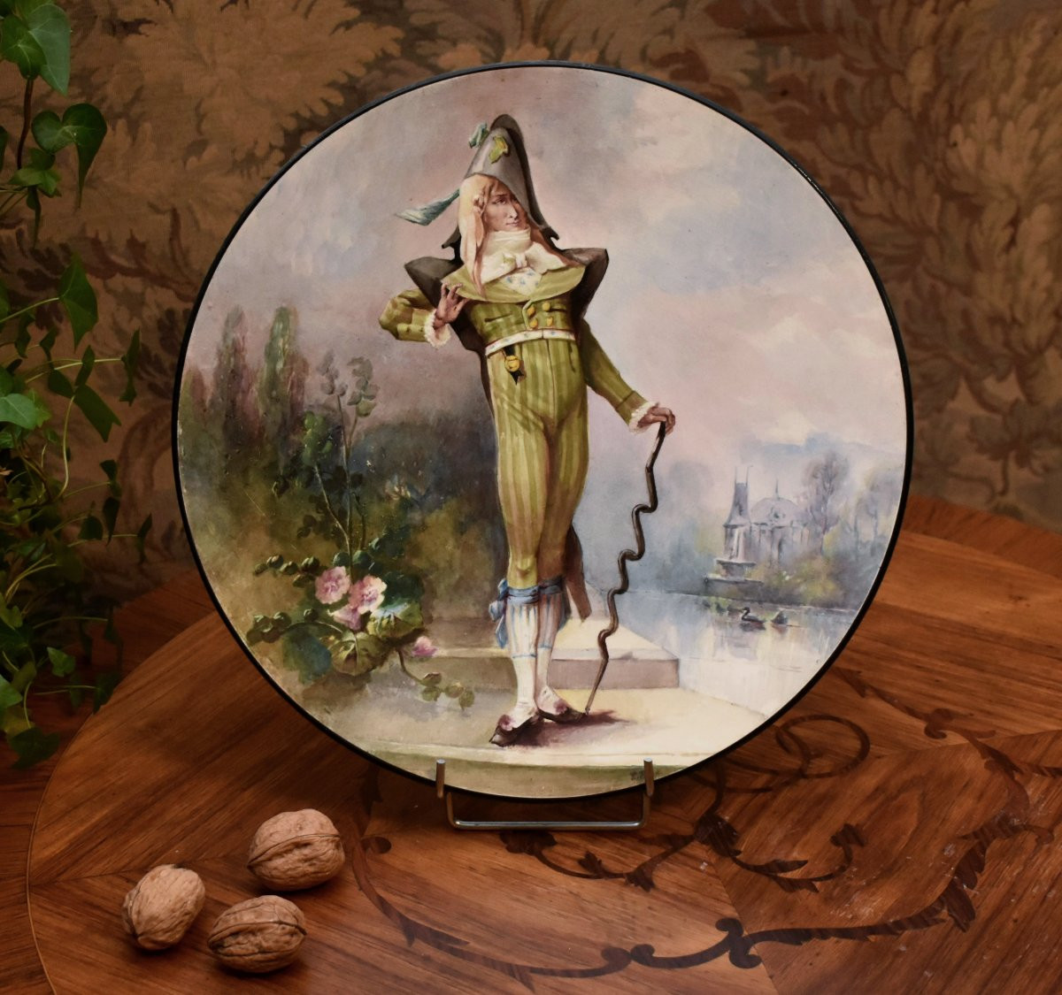 E. Faux, Large Decorative Hand-painted Earthenware Dish, Man In Directoire Suit Early 19th Century-photo-2