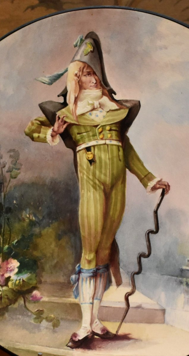 E. Faux, Large Decorative Hand-painted Earthenware Dish, Man In Directoire Suit Early 19th Century-photo-3