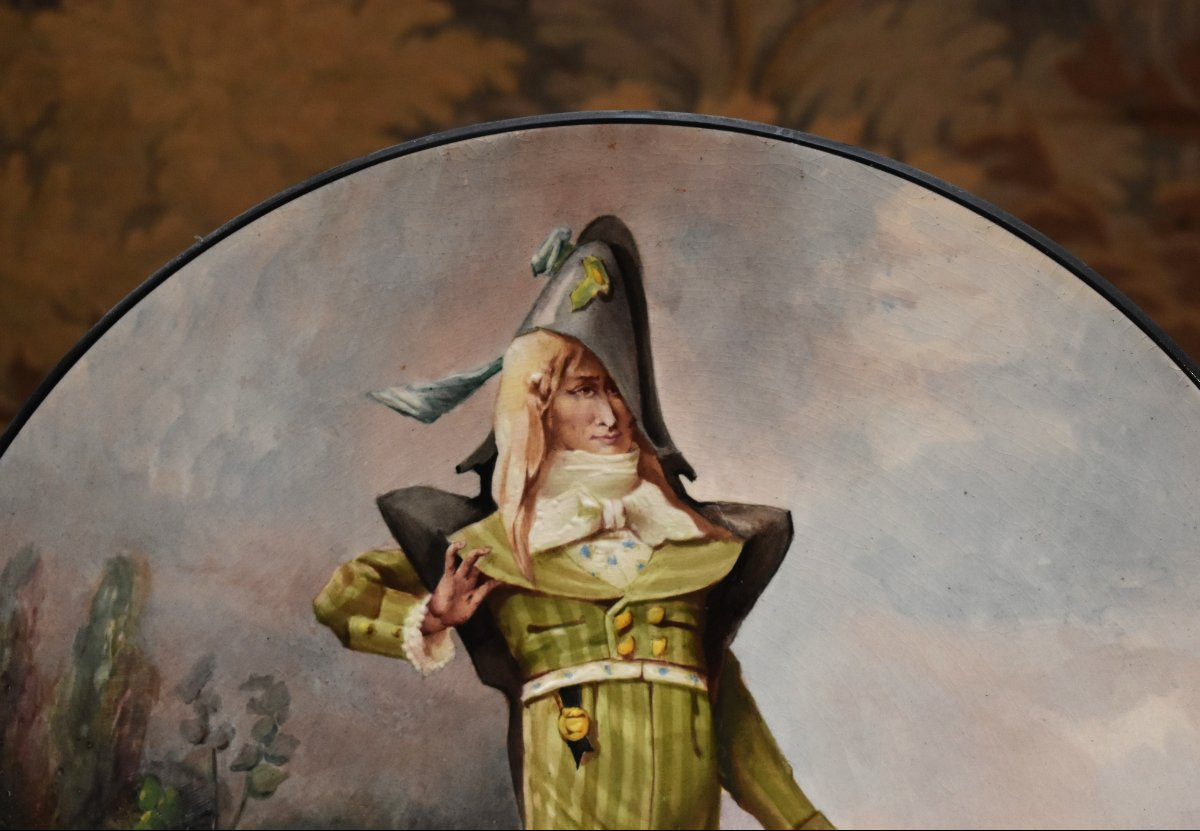 E. Faux, Large Decorative Hand-painted Earthenware Dish, Man In Directoire Suit Early 19th Century-photo-4