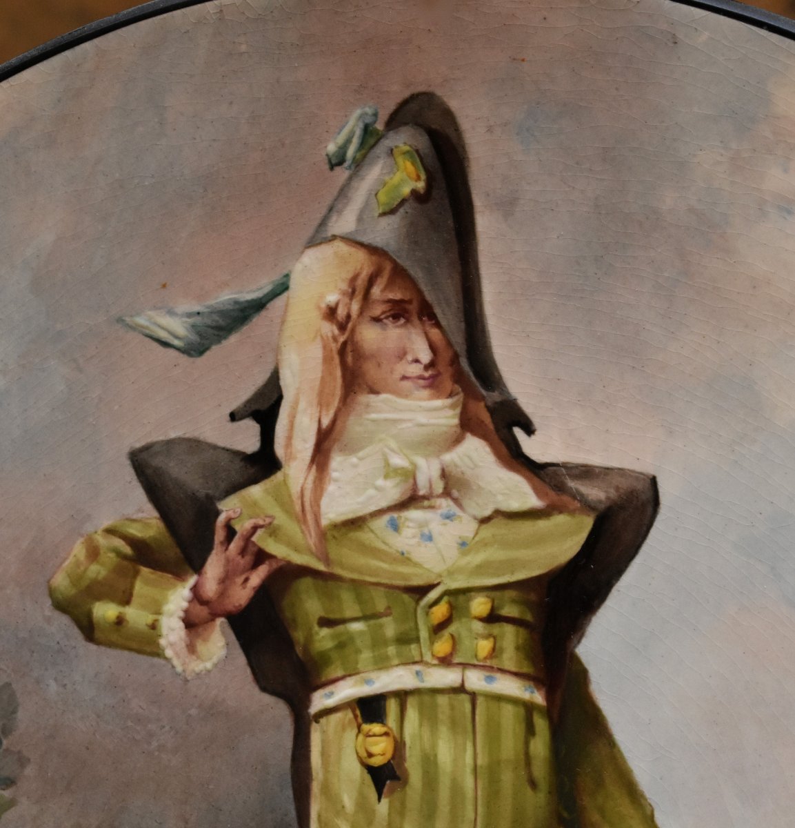 E. Faux, Large Decorative Hand-painted Earthenware Dish, Man In Directoire Suit Early 19th Century-photo-1