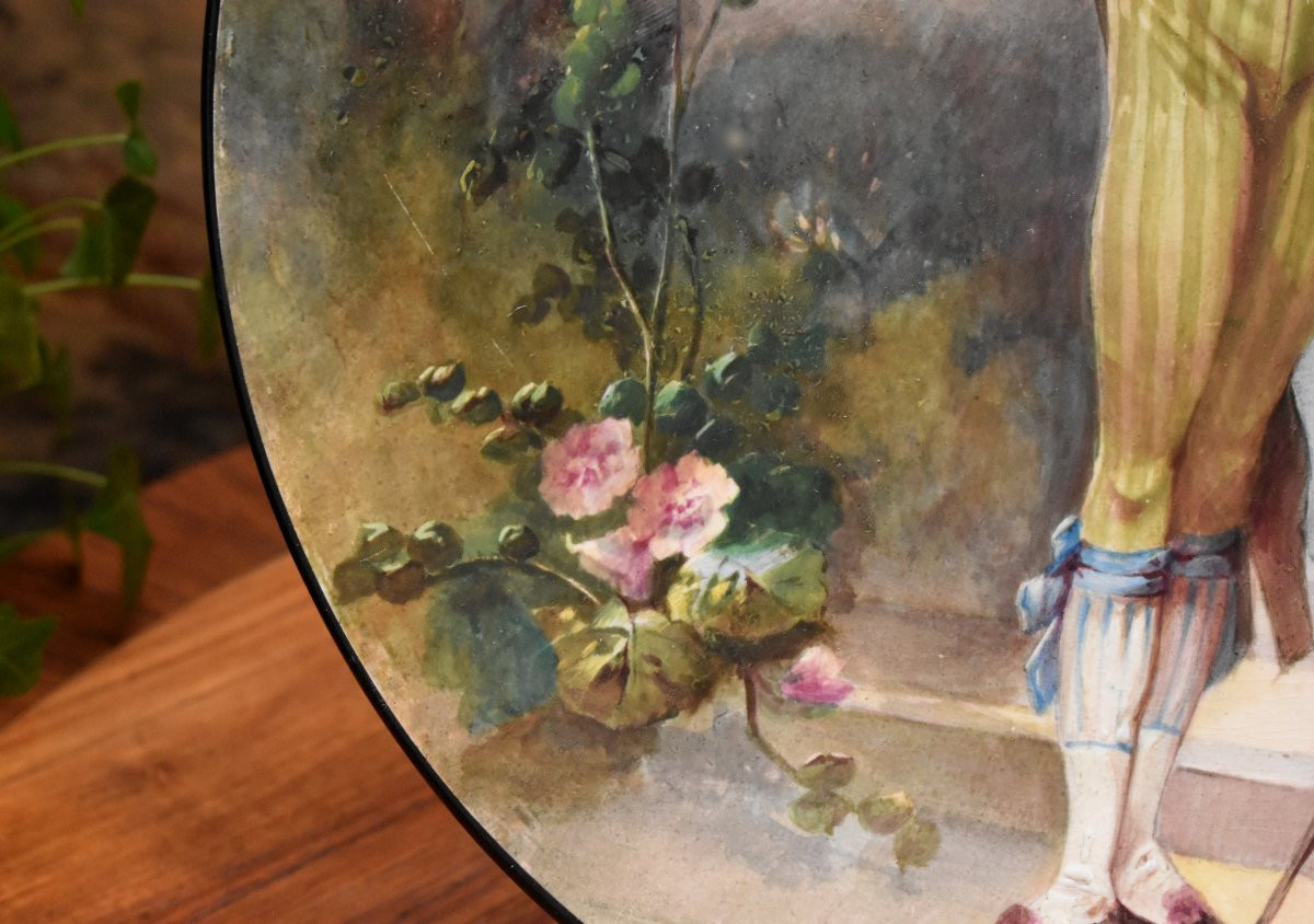 E. Faux, Large Decorative Hand-painted Earthenware Dish, Man In Directoire Suit Early 19th Century-photo-4
