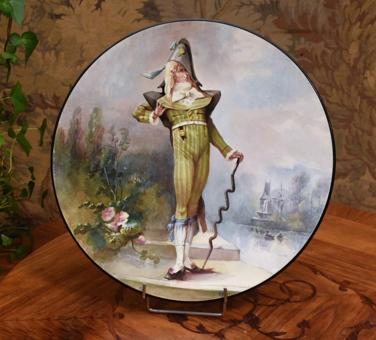 E. Faux, Large Decorative Hand-painted Earthenware Dish, Man In Directoire Suit Early 19th Century