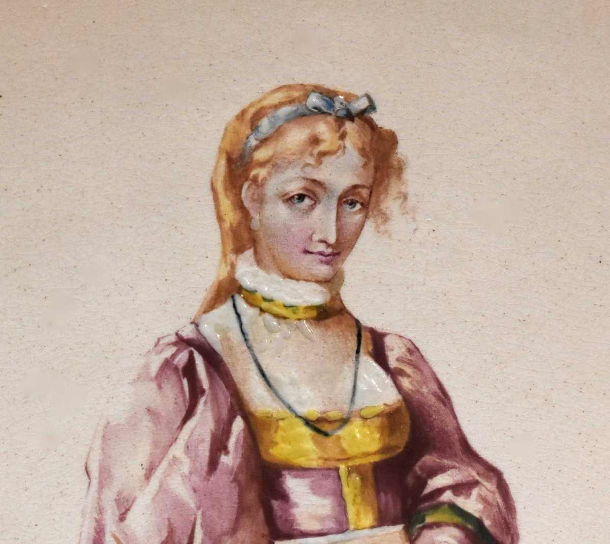 Eugénie Faux, Grand Plat Décoratif daté 1889  En Faïence Peint Main, Femme En Habit Du XIXème-photo-4