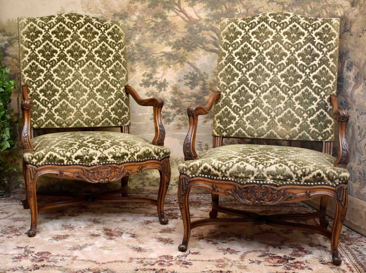 Importante Paire De Larges Et Grands Fauteuils Sculptés ,  De Style Régence , Entretoise En X -photo-2