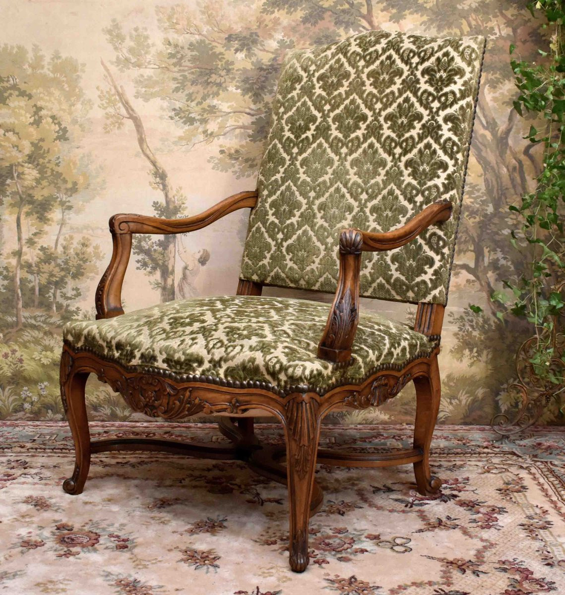 Importante Paire De Larges Et Grands Fauteuils Sculptés ,  De Style Régence , Entretoise En X -photo-3