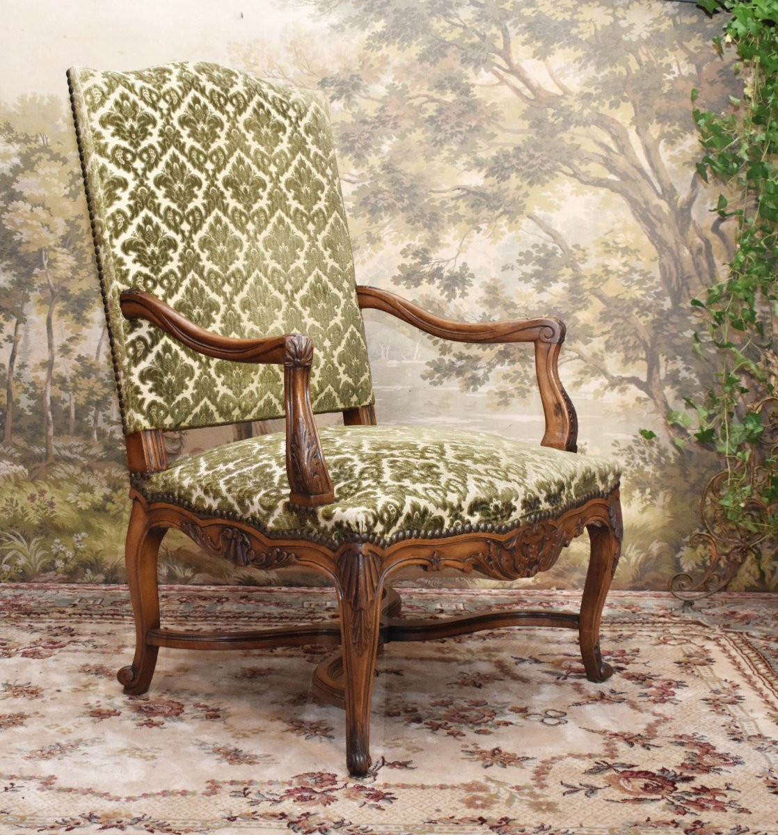 Importante Paire De Larges Et Grands Fauteuils Sculptés ,  De Style Régence , Entretoise En X -photo-4