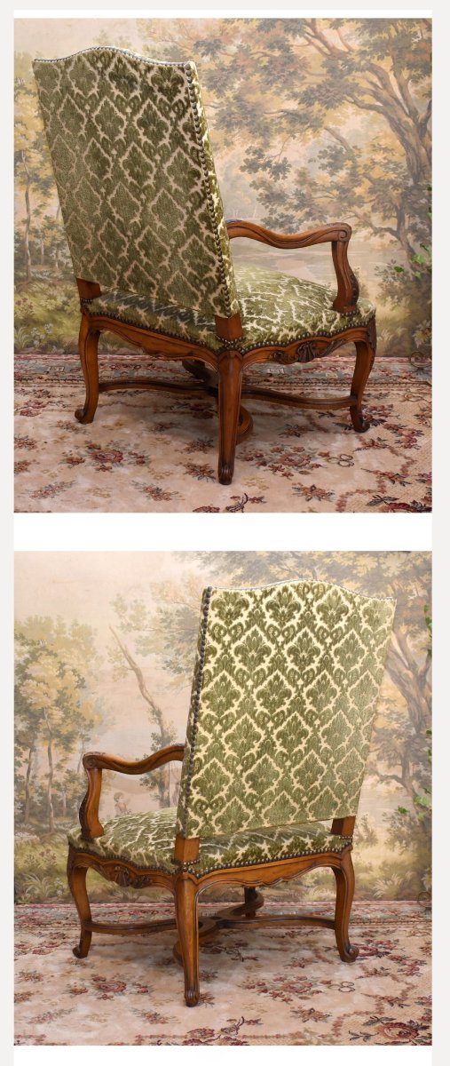Importante Paire De Larges Et Grands Fauteuils Sculptés ,  De Style Régence , Entretoise En X -photo-1
